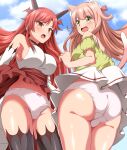  2girls absurdres animal_ears ass black_choker black_thighhighs blue_sky blush bow bow_panties breasts cat_ears cat_tail choker clothes_lift cloud cloudy_sky commentary commission crotch_seam day dragon_horns elbow_gloves fang gloves green_eyes hair_ribbon head_wings high-waist_skirt highres horns kanade_(beast_tamer) long_hair looking_at_another looking_back medium_breasts miniskirt multiple_girls off-shoulder_shirt off_shoulder open_mouth orange_eyes outdoors panties pantyshot pink_hair pixiv_commission red_hair red_ribbon red_skirt ribbon shirt short_sleeves skirt skirt_lift sky sleeveless sleeveless_shirt standing sweatdrop tail tania_(beast_tamer) thighhighs underwear white_gloves white_panties white_shirt white_skirt wind wind_lift wings yellow_shirt yuusha_party_wo_tsuihou_sareta_beast_tamer_saikyoushu_no_nekomimi_shoujo_to_deau zanntetu 