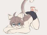 2024 4:3 4_toes anthro biped blue_eyes boxers_(clothing) boxers_only brown_body brown_fur clothed clothing domestic_cat eyewear eyewear_on_head feet felid feline felis fur glasses glasses_on_head hi_res jack-o&#039;_pose looking_at_viewer male mammal pose pureolliebranch raised_tail slim_anthro slim_male solo tail toes tongue tongue_out topless underwear underwear_only white_body white_fur