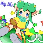  blob blue_eyes copyright_name double_bun green_hair highres horns makuran pointy_ears puyo_(puyopuyo) puyopuyo puyopuyo_fever rider_(puyopuyo) shoes short_hair sitting skirt sleeves_past_wrists solo star white_background 