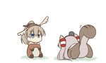  all_fours alternate_costume amatsukaze_(kantai_collection) animal_costume blue_eyes brown_hair hair_tubes hat high_ponytail kantai_collection kumano_(kantai_collection) long_hair miyo_(miyomiyo01) multiple_girls ponytail silver_hair simple_background sitting squirrel_costume squirrel_tail tail two_side_up white_background 