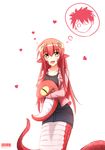  2015 :d absurdres artist_name cowboy_shot dated fangs hair_ornament hairclip heart highres kurusu_kimihito lamia long_hair looking_at_viewer miia_(monster_musume) monster_girl monster_musume_no_iru_nichijou open_mouth pointy_ears red_hair scales simple_background slit_pupils smile stuffed_animal stuffed_snake stuffed_toy thinking thought_bubble violetsang white_background yellow_eyes 