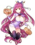  absurdly_long_hair bad_id bad_twitter_id bamboo_steamer bangs baozi black_legwear blunt_bangs breasts brown_eyes china_dress chinese_clothes cleavage_cutout covered_navel dress food full_body hair_ornament hair_stick large_breasts legs_up long_hair one_side_up original purple_hair sandals shirako_miso simple_background solo swept_bangs thighhighs very_long_hair wristband 