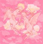  2others angel animal_focus antlers deer deer_antlers fawn feathered_wings feathers fleebites halo horns limited_palette moon multiple_others no_humans original pastel_colors pink_background pink_clouds pink_feathers pink_fur pink_theme pink_wings star_(sky) sun wings yellow_clouds yellow_halo 