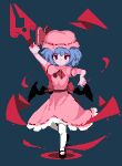  1girl ascot bat_wings blue_hair dress full_body hand_up hat hat_ribbon mary_janes miuu_000 mob_cap pink_dress pink_ribbon pixel_art red_ascot red_eyes remilia_scarlet ribbon shoes short_hair solo thighhighs touhou white_thighhighs wings 