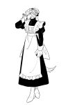  1boy absurdres animal_ears apron back_bow boots bow claws closed_mouth commentary_request crossdressing dog_boy dog_ears dog_tail dress frilled_apron frills full_body greyscale hand_up highres juliet_sleeves long_hair long_sleeves looking_to_the_side maid maid_apron maid_headdress male_focus monochrome original puffy_sleeves rata_(norahasu) simple_background smile solo standing tail white_background 