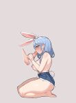  1boy 1girl animal_ear_fluff animal_ears bare_legs barefoot blue_hair blue_shorts blush breasts commentary denim denim_shorts disembodied_penis english_commentary erection fellatio from_side full_body furrowed_brow grey_background hetero highres hololive just_the_tip large_breasts light_blue_hair long_hair looking_at_penis looking_down maidcousin mature_female nipples oral pekomama penis profile rabbit_ears rabbit_girl rabbit_tail red_eyes seiza short_shorts shorts simple_background sitting solo_focus tail thick_eyebrows topless torn_clothes torn_shorts uncensored virtual_youtuber 
