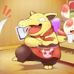 anthro apron belly bodily_fluids brown_body clothing drowzee fur generation_1_pokemon hi_res male menu nintendo pen pokemon pokemon_(species) proboscis_(anatomy) psychic_powers shocked_expression slightly_chubby solo sweat tatu_wani_(artist) trunk_(anatomy) waiter yellow_body yellow_fur