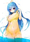  bad_id bad_pixiv_id bare_shoulders blue_hair blush breasts cleavage dress hair_ribbon large_breasts long_hair looking_at_viewer original red_eyes ribbon smile solo sukja wading water wet wet_clothes yellow_dress 