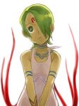  1girl breath_of_fire breath_of_fire_v dress facial_mark full_body_tattoo green_hair hair_over_one_eye nina_(breath_of_fire_v) red_wings short_hair solo tattoo white_dress wings 