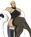  1boy ass_visible_through_thighs bara black_dress black_leggings blonde_hair breasts coat dress hair_slicked_back large_breasts large_pectorals leggings male_focus muscular muscular_male neck_brace nyaattoberritto pectorals sitting sitting_on_chair sketch tan the_king_of_fighters thick_thighs thighs tongue tongue_out white_coat yamazaki_ryuuji 