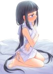 1girl barefoot black_hair blue_eyes blush breasts commentary_request crossed_arms dress ina_(inadahime) kaoru-chan_(ina_(inadahime)) long_hair looking_to_the_side original panties profile short_dress side-tie_panties sitting small_breasts solo toes twintails underwear very_long_hair white_dress white_panties 