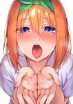  1girl absurdres aroused blue_eyes blush breath close-up collared_shirt commentary eyes_visible_through_hair fingernails go-toubun_no_hanayome green_ribbon hair_between_eyes hair_ribbon half-closed_eyes hands_up highres kouzuki_(majc8345) looking_at_viewer medium_hair nakano_yotsuba nose_blush open_mouth orange_hair raised_eyebrows ribbon shirt short_sleeves simple_background solo straight_hair sweat teeth tongue tongue_out tsurime upper_teeth_only white_background white_shirt 