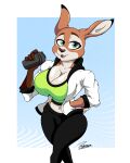  absurd_res anthro athletic_wear belly belly_piercing big_breasts big_butt breasts brisa_(reymonrr) butt clothing deer female fur green_eyes gym hi_res jacket long_ears looking_at_viewer mammal mule_deer multicolored_body multicolored_fur new_world_deer piercing pose protein protein_shake reymonrr simple_background solo tomboy topwear two_tone_body two_tone_fur 