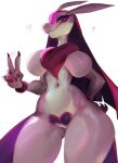 anthro arm_tuft big_breasts breasts chest_tuft featureless_breasts female fingers fur gesture hair hand_gesture hi_res kochinsfw looking_at_viewer lovander pal_(species) palworld pink_body pink_fur pink_hair pocketpair scalie solo thick_thighs tuft v_sign wrist_tuft