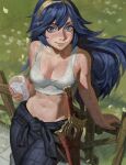  1girl absurdres against_fence blue_eyes blue_hair bra brand_of_the_exalt breasts clothes_around_waist cup falchion_(fire_emblem) fence fire_emblem fire_emblem_awakening grass highres holding holding_cup long_hair looking_at_viewer lucina_(fire_emblem) scabbard sheath silverheather smile solo sports_bra sword tiara underwear water weapon white_sports_bra wooden_fence 