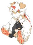 2024 5_fingers arknights arm_tattoo canid canine canis clothing domestic_dog fingerless_gloves fingers fur gloves hair handwear hi_res horn hung_(arknights) hypergryph long_hair male mammal multicolored_body multicolored_fur multicolored_hair necktie shirt solo studio_montagne tan_body tan_fur tattoo topwear two_tone_body two_tone_fur two_tone_hair white_body white_fur white_hair yellow_eyes zebra_vz