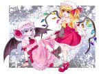  2girls absurdres aho_murasaki ascot bat_wings blonde_hair crystal_wings flandre_scarlet full_body hat highres looking_at_viewer mary_janes medium_hair mob_cap multiple_girls open_mouth purple_eyes red_ascot red_eyes red_ribbon remilia_scarlet ribbon shoes siblings side_ponytail touhou twins wings wrist_cuffs 