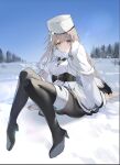  1girl absurdres azur_lane black_footwear black_pantyhose blue_sky boots closed_mouth coat fake_tail flantia hat heterochromia highres light_brown_hair long_hair looking_at_viewer murmansk_(azur_lane) outdoors pantyhose pink_eyes purple_eyes sitting sketch sky smile snow solo tail thigh_boots white_coat white_hat winter_clothes 