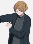  1boy black_eyes brown_hair coat dressing long_sleeves maco22 male_focus one_eye_closed original short_hair solo squeans sweater turtleneck turtleneck_sweater 