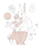  1boy 1girl animal_ears ball basketball_(object) body_fur claws collared_shirt cowboy_shot furry furry_male hands_up highres long_hair looking_at_another monochrome necktie open_mouth original pants pleated_skirt rabbit_boy rabbit_ears rata_(norahasu) school_uniform shirt short_sleeves simple_background skirt speech_bubble standing translation_request whiskers white_background 