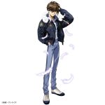  1boy black_jacket blue_eyes brown_hair casual falling_feathers feathers fur-trimmed_jacket fur_trim grey_pants gundam gundam_wing hair_between_eyes heero_yuy highres hood hooded_jacket jacket looking_at_viewer official_art open_clothes open_jacket pants shirt short_hair solo streetwear white_background white_shirt white_sneakers 