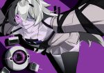  1girl bandage_over_one_eye bare_shoulders colored_skin detached_sleeves dress drone evil_smile flat_chest glowing glowing_eye grey_dress grey_hair grey_skin grey_sleeves grey_thighhighs hair_between_eyes hair_ornament hairclip highres long_hair long_sleeves mafrn3_(g03s) no.21:_xxi_(punishing:_gray_raven) no.21_(punishing:_gray_raven) parted_lips punishing:_gray_raven purple_background short_dress sidelocks smile thighhighs 