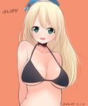  akky_(akimi1127) arms_behind_back atago_(kantai_collection) beret bikini black_bikini blonde_hair breasts collarbone dated green_eyes halterneck hat highres kantai_collection large_breasts long_hair looking_at_viewer open_mouth orange_background simple_background sketch smile solo swimsuit upper_body 