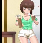  1girl blush breasts brown_hair cleavage highres ranma_1/2 refrigerator short_hair short_shorts shorts solo standing table tea tendou_nabiki thighs wanta_(futoshi) 