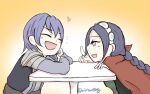  1boy 1girl airisuotog braid fire_emblem fire_emblem:_three_houses fire_emblem_awakening hairband laughing leaning_on_table low_twin_braids low_twintails nina_(fire_emblem) open_mouth parted_bangs purple_hair twin_braids twintails white_hairband yuri_leclerc 