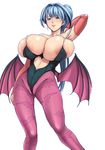  1girl areola_slip areolae arm_up blue_eyes blush breasts cosplay female haruhisky highres huge_breasts lips long_hair looking_at_viewer morrigan_aensland_(cosplay) navel nipple_slip nipples no_bra ponytail shiny_skin simple_background skindentation solo white_background wings 