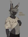 anthro black_sclera bottomwear clothed clothing clothing_lift denim denim_bottomwear denim_clothing dialogue ear_tuft english_text fur grey_background grey_body grey_fur grey_hair hair half-closed_eyes hi_res jeans jimnsei lagomorph leporid male mammal multicolored_body multicolored_fur narrowed_eyes pants rabbit shirt shirt_lift simple_background smile smirk smug smug_face smug_grin solo speech_bubble sweater text topwear tuft two_tone_body two_tone_fur