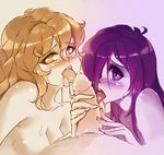  2girls blonde_hair blush fellatio ffm_threesome group_sex hair_over_one_eye hetero ikezawa_hanako katawa_shoujo licking long_hair multiple_fellatio multiple_girls nude open_mouth oral penis pov_crotch precum purple_eyes purple_hair rtil saliva saliva_trail satou_lilly shiny shiny_skin sweat threesome tongue tongue_out yellow_eyes 