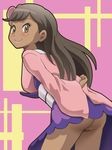  1girl ass awa brown_eyes brown_hair collarbone flower furisode furisode_girl_(pokemon) furisode_girl_shione gradient gradient_background hair_flower hair_ornament japanese_clothes kimono long_hair nintendo no_panties npc npc_trainer pokemon pokemon_(game) pokemon_xy smile upskirt yokozuwari yukata 