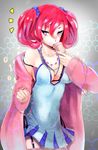  bare_shoulders blue_dress bra breasts cleavage cross-laced_clothes digimon digimon_story:_cyber_sleuth dress female food ice_cream licking red_hair shiramine_nokia simple_background smile solo tongue torieto twintails underwear 