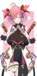  1girl absurdres ahoge blush breasts chichiri draph fingerless_gloves gloves gradient_hair granblue_fantasy heart highres horns large_breasts londom_(lonhomewell) looking_at_viewer multicolored_hair pink_hair pointy_ears short_hair sleeveless smile solo weapon weapon_on_back 