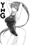  alternate_costume character_name greyscale harukon_(halcon) highres kantai_collection long_hair monochrome ponytail solo swimsuit yahagi_(kantai_collection) 