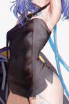  1girl absurdres arm_up armpits black_jacket blue_hair breasts covered_navel dress grey_hair highres hip_tattoo indie_virtual_youtuber jacket light_blue_hair naokomama out_of_frame sayu_sincronisity short_hair simple_background small_breasts solo virtual_youtuber white_background 