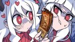  2girls cheek_press demon_girl demon_horns heart heart-shaped_pupils helltaker holding_ticket horns kyo-hei_(kyouhei) lucifer_(helltaker) modeus_(helltaker) multiple_girls red_shirt red_sweater shirt sweatdrop sweater symbol-shaped_pupils ticket white_hair 