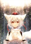  1girl animal_ears closed_mouth commentary_request detached_sleeves expressionless hat highres inubashiri_momiji looking_at_viewer pom_pom_(clothes) rain red_eyes red_hat shirt short_hair sleeveless sleeveless_shirt solo soukou_(artist) straight-on tokin_hat touhou upper_body white_hair white_shirt white_sleeves wolf_ears wolf_girl 
