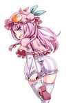 ass blush boots dress dress_tug from_behind hat long_hair looking_back mayuge_inu open_mouth patchouli_knowledge purple_eyes purple_hair running short_dress thighhighs touhou zettai_ryouiki 