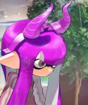  1girl blunt_bangs blurry blurry_background brown_eyes closed_mouth fake_horns hairband horns inkling inkling_girl inkling_player_character koike3582 long_hair long_sleeves pointy_ears purple_hair purple_hairband purple_horns solo splatoon_(series) tentacle_hair tree 