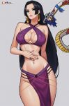 1girl alternate_costume amazon_warrior another belly_chain black_hair boa_hancock breasts cleavage_cutout clothing_cutout criss-cross_halter earrings halterneck highres jewelry meme_attire one_piece pelvic_curtain prixmal salome_(one_piece) shichibukai snake snake_earrings solo stomach underboob_cutout yomorio_lingerie 