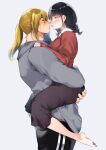  1boy 1girl ass_grab barefoot black_hair blonde_hair braid carrying commentary_request couple glasses hetero highres hug imminent_kiss jacket o3o original ponytail short_hair simple_background yatomomin 