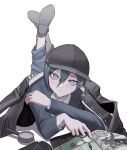  1boy ahoge bishounen black_hair black_jacket blush book commentary_request crossed_ankles crossed_arms danganronpa_(series) danganronpa_v3:_killing_harmony eyelashes hair_between_eyes handheld_game_console hat highres jacket jacket_on_shoulders long_sleeves looking_at_viewer lying magnifying_glass male_focus on_stomach open_book pants playstation_vita reading ringed_eyes saihara_shuichi shirt shoe_soles short_hair simple_background sukizukiko the_pose white_background yellow_eyes 