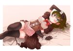  apron bad_id bad_pixiv_id black_legwear blue_eyes blush bow bowtie breasts corset covered_nipples cuffs dress elbow_gloves frown gloves green_eyes green_hair hair_ornament hairclip hand_on_head highres large_breasts long_hair looking_at_viewer lying maid on_side original puma_(hyuma1219) rotated solo thighhighs underbust wavy_mouth zettai_ryouiki 