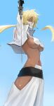  1girl abs absurdres arrancar bleach blonde_hair breasts channyy19 dark-skinned_female dark_skin facial_mark green_eyes highres navel revealing_clothes skull_on_head solo sword tier_harribel underboob weapon 