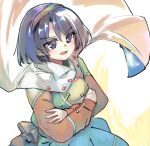  1girl :d aura breasts cape cloak cloud_print crossed_arms dress ginnkei hairband multicolored_clothes multicolored_dress multicolored_hairband patchwork_clothes purple_eyes purple_hair rainbow_gradient short_hair simple_background sky_print small_breasts smile solo tenkyuu_chimata touhou two-sided_cape two-sided_fabric upper_body v-shaped_eyebrows white_background white_cape white_cloak zipper 