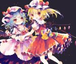  2girls black_background blonde_hair blue_hair comiket_87 crystal_wings dress flandre_scarlet hat hat_ribbon hiyuu_(hiyualice) looking_at_viewer mob_cap multiple_girls pink_dress red_dress red_eyes red_ribbon remilia_scarlet ribbon siblings side_ponytail simple_background touhou twins wrist_cuffs yellow_ribbon 