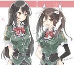  arms_behind_back bare_hips black_hair blush bow bowtie breath brown_eyes brown_hair chibirisu chikuma_(kantai_collection) elbow_gloves gloves hair_between_eyes hair_bow hair_ribbon heart height_difference jacket kantai_collection long_hair looking_at_another multiple_girls one_eye_closed open_mouth pelvic_curtain remodel_(kantai_collection) ribbon short_sleeves side_slit single_elbow_glove skirt smile tone_(kantai_collection) twintails twitter_username white_ribbon 