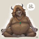 anthro aura beads belly big_belly bovid bovine convenient_censorship crossed_legs disney dragontzin english_text half-closed_eyes hi_res hooves horn looking_at_viewer male mammal moobs narrowed_eyes nude overweight scruffy sitting smile solo text yak yax zootopia